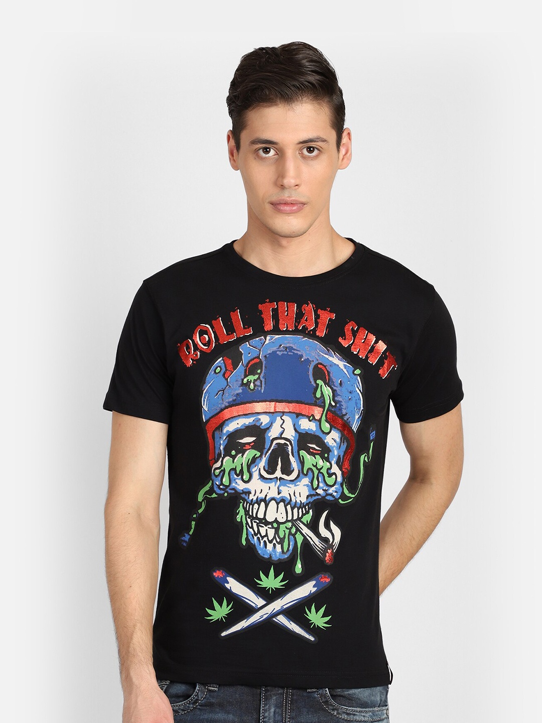 

PUNK Round Neck Graphic Printed Cotton T-shirt, Black