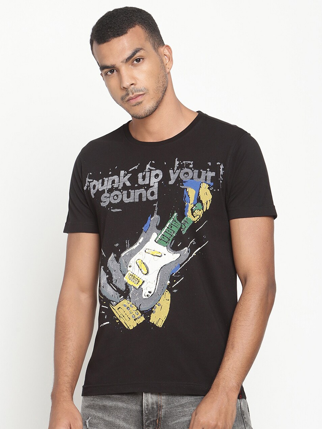 PUNK Graphic Printed Cotton T-shirt, Black