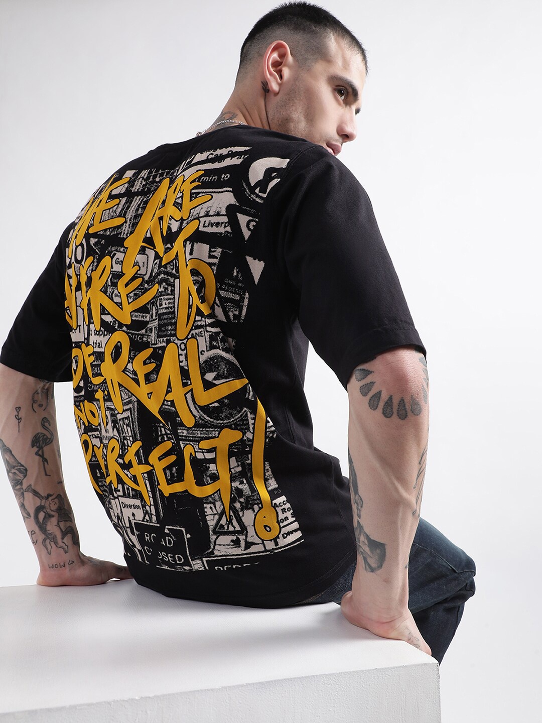 PUNK Typography Printed Cotton Loose Fit T-shirt, Black