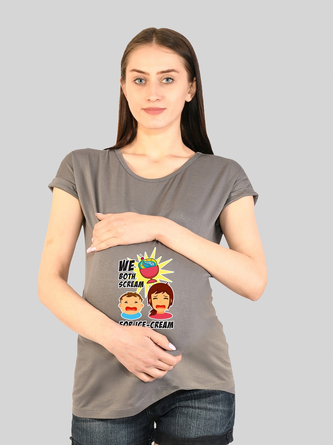 

SillyBoom Graphic Printed Extended Sleeves Cotton Maternity T-shirt, Grey