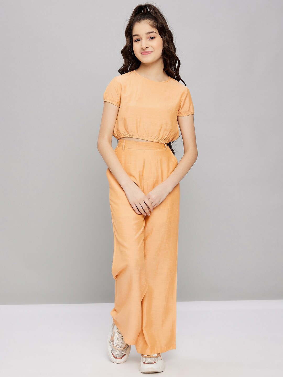 

Stylo Bug Girls Round Neck Puff Sleeves Crop Top with Trousers Clothing Set, Orange