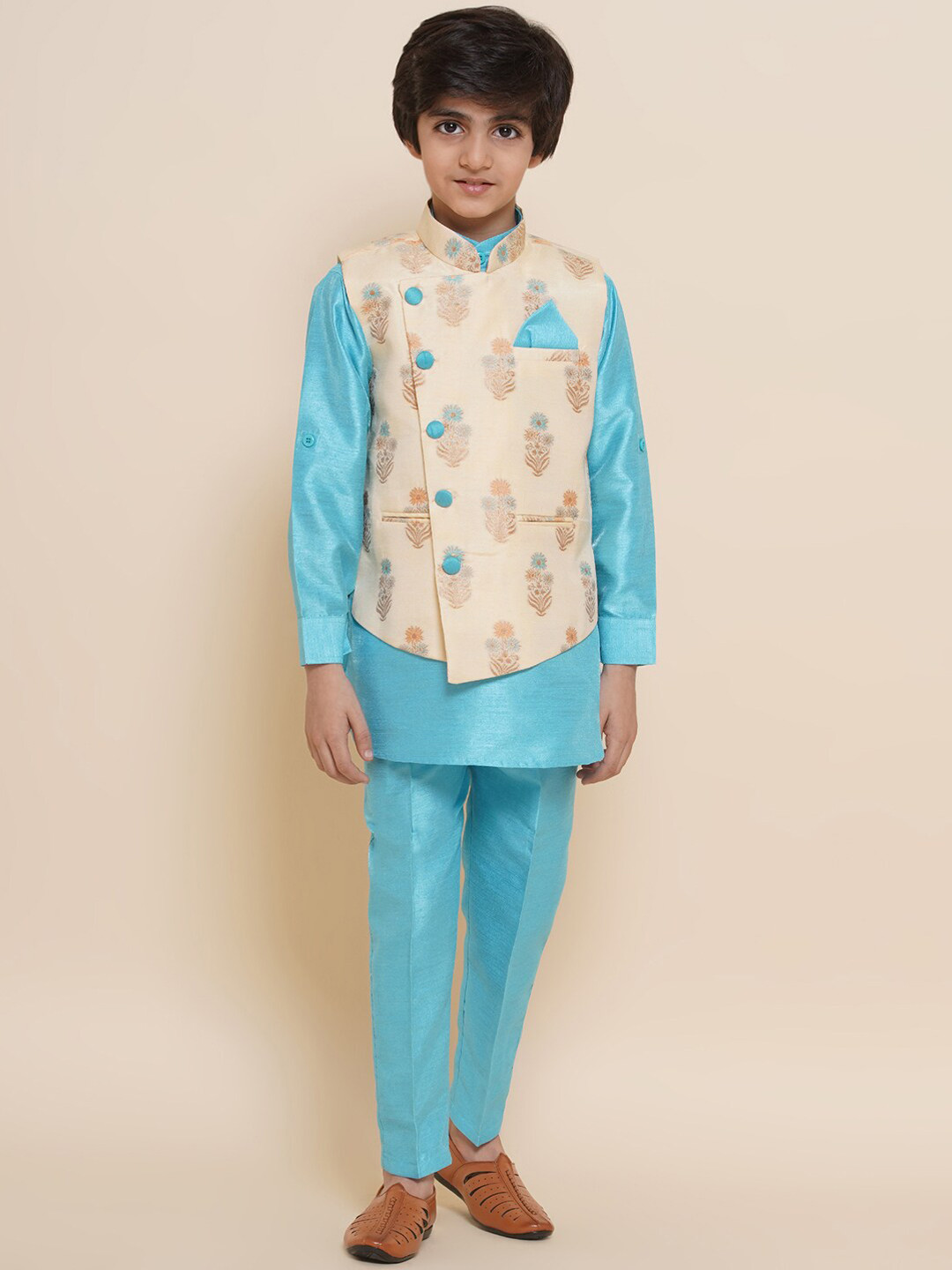 

Aj DEZInES Boys Mandarin Collar Kurta with Trousers with Woven Design Nehru Jacket, Blue