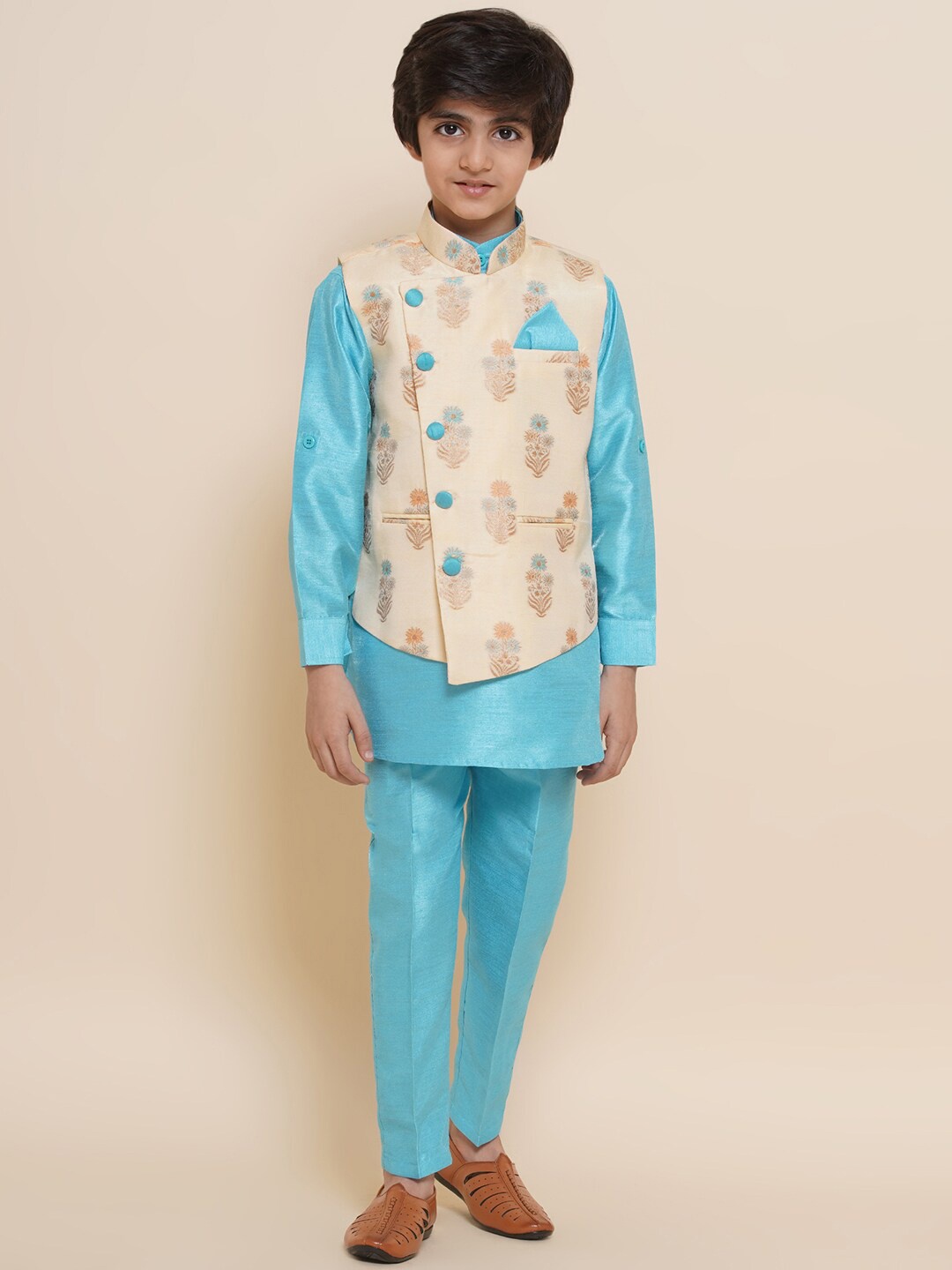 

Aj DEZInES Boys Mandarin Collar Kurta with Trousers with Woven Design Nehru Jacket, Sea green