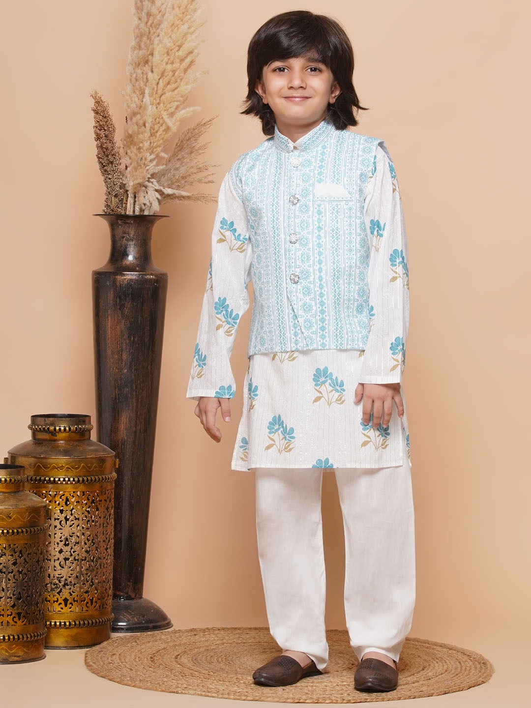 

Aj DEZInES Boys Floral Printed Zari Pure Cotton Kurta with Pyjamas & Nehru Jacket, Turquoise blue