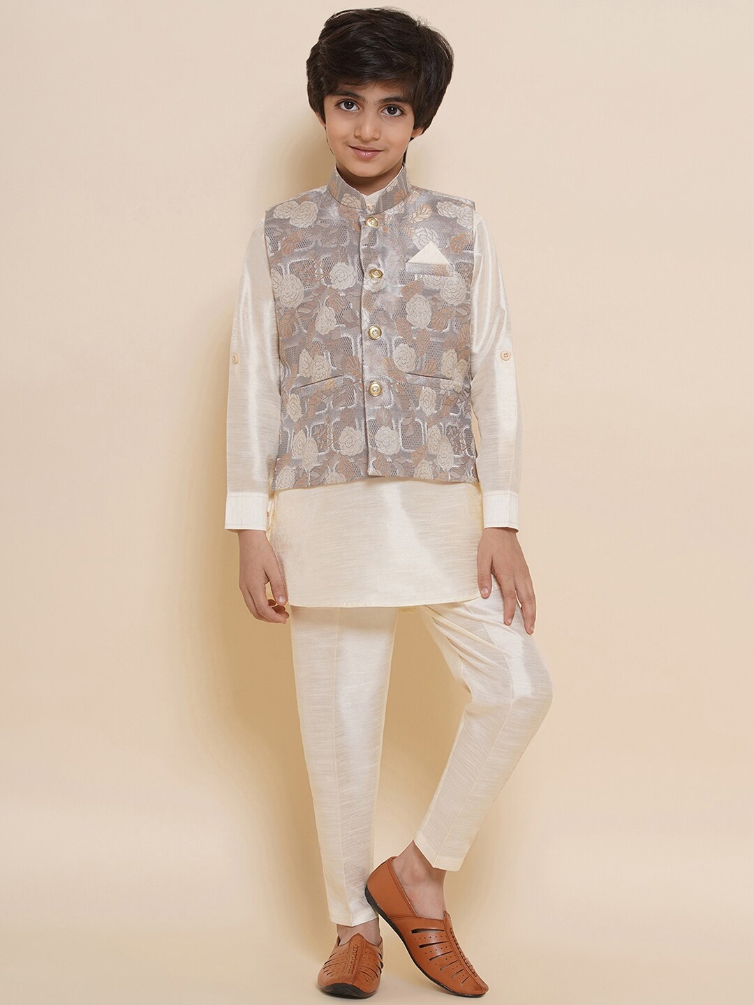 

Aj DEZInES Boys Mandarin Collar Kurta with Trousers & Nehru Jacket, Beige