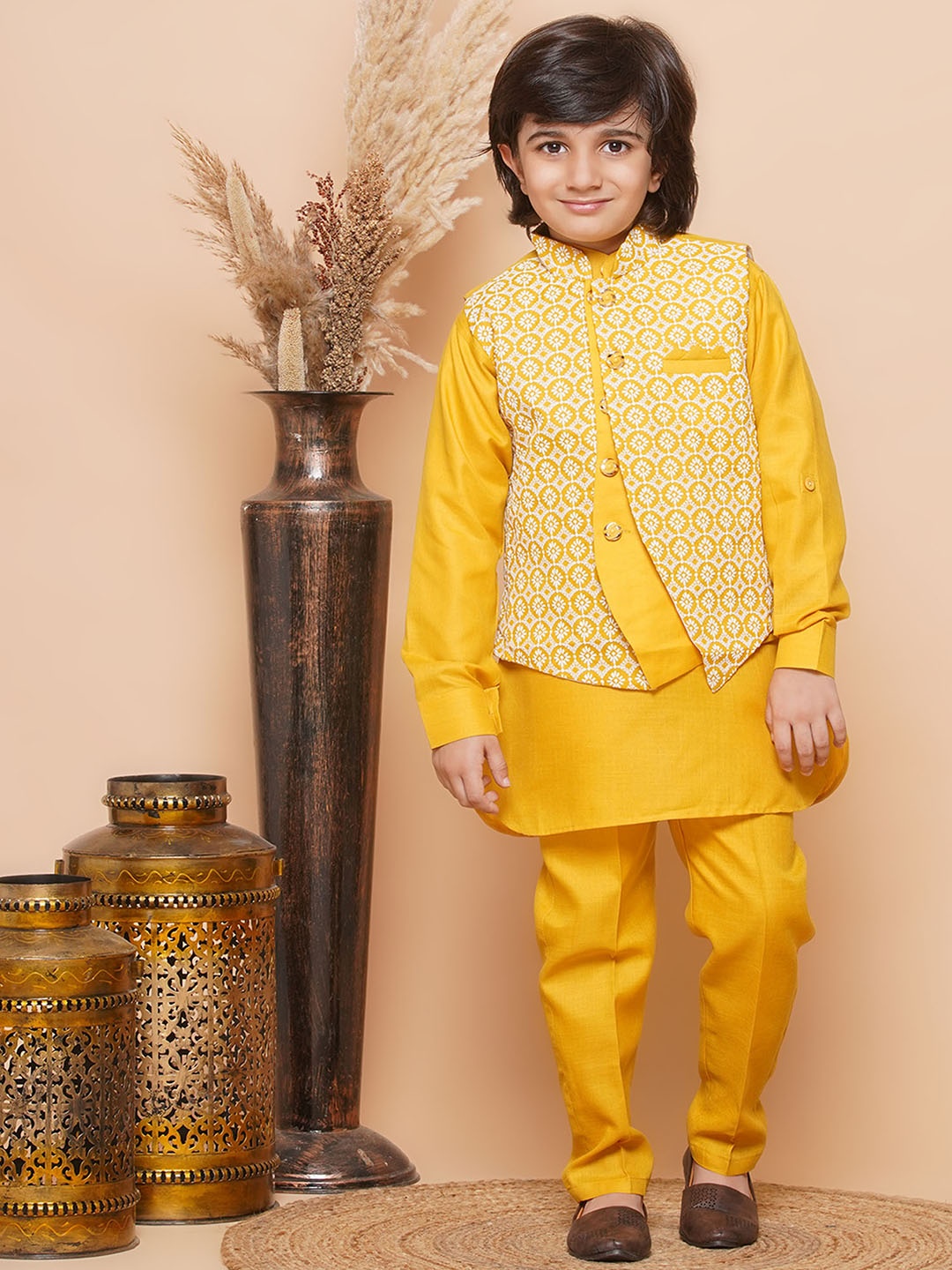 

Aj DEZInES Boys Mandarin Collar Pure Cotton Kurta With Trousers & Jacket, Mustard