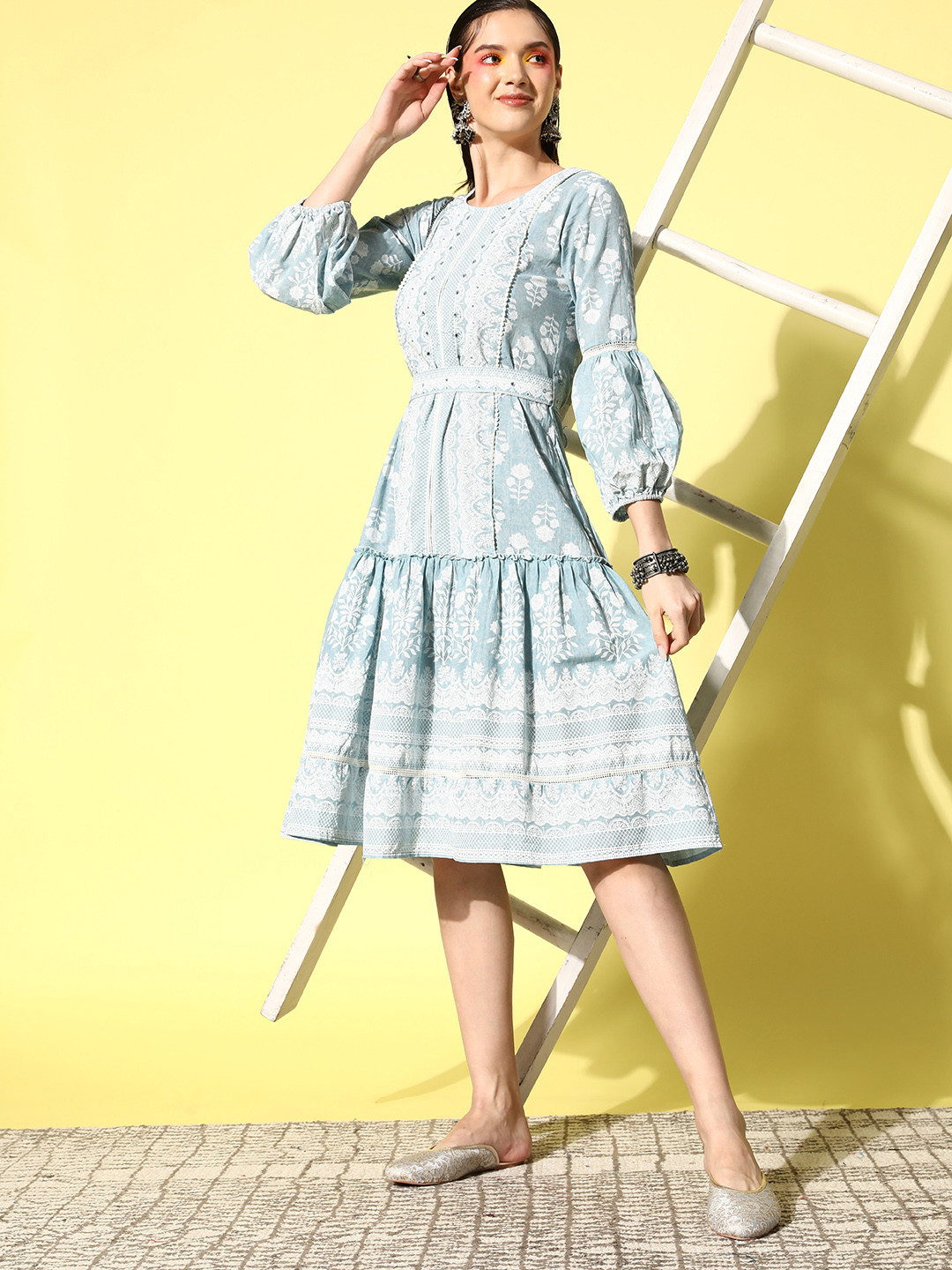 

Juniper Floral Embroidered Puff Sleeve A-Line Midi Dress, Turquoise blue