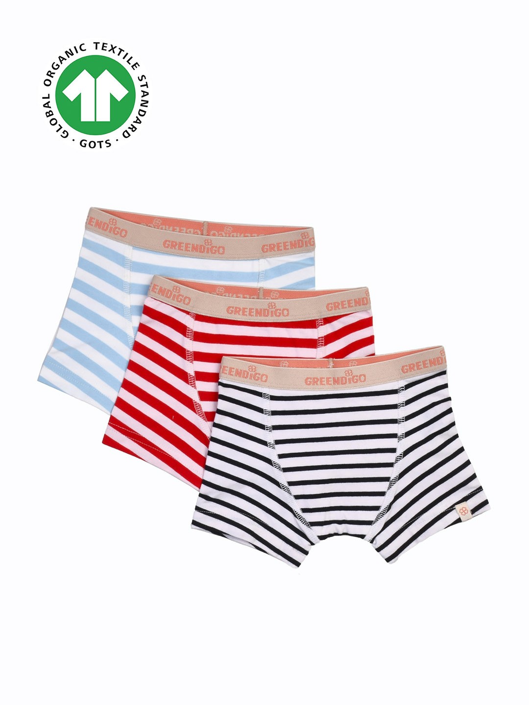 

GREENDIGO Boys Pack Of 3 Striped Organic Cotton Boy Shorts Briefs, Red