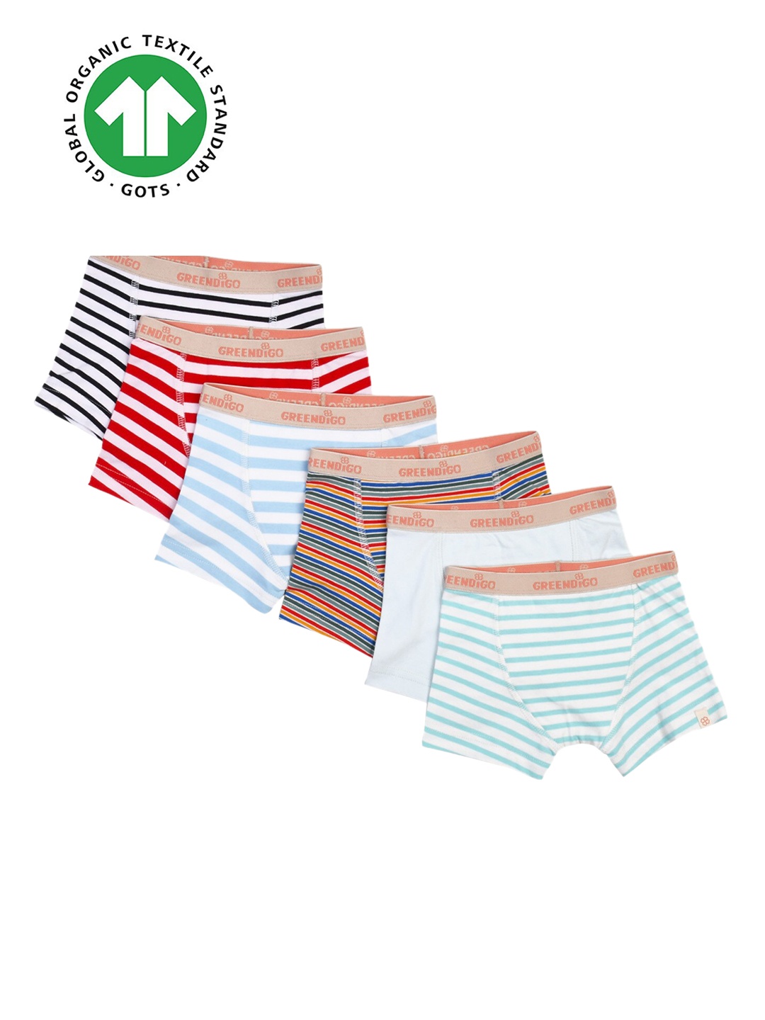 

GREENDIGO Boys Pack Of 6 Striped Organic Cotton Boy Shorts, Red