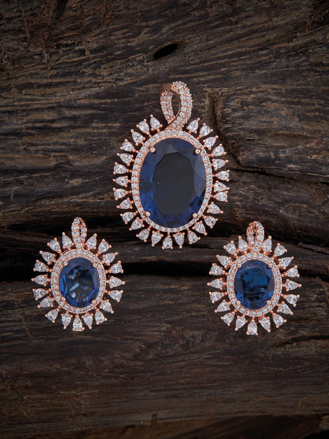 

Kushal's Fashion Jewellery Rose-Gold Plated Pendant With Earrings, Blue