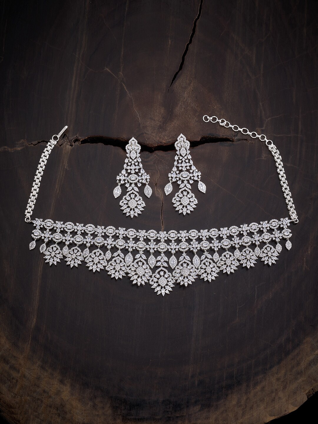 

Kushal's Fashion Jewellery Rhodium -Plated Stone-Studded & Beaded Necklace & Earring Set, Silver