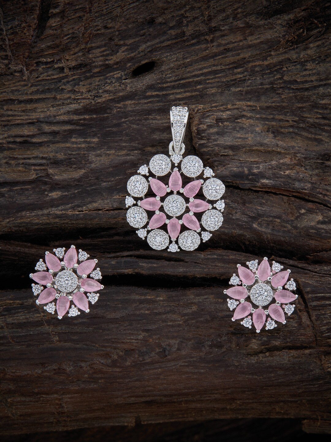

Kushal's Fashion Jewellery Rhodium Plated Pendant With Earrings, Pink