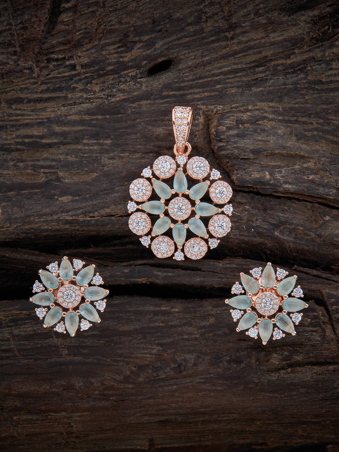 

Kushal's Fashion Jewellery Rose-Gold Plated Pendant With Earrings, Sea green