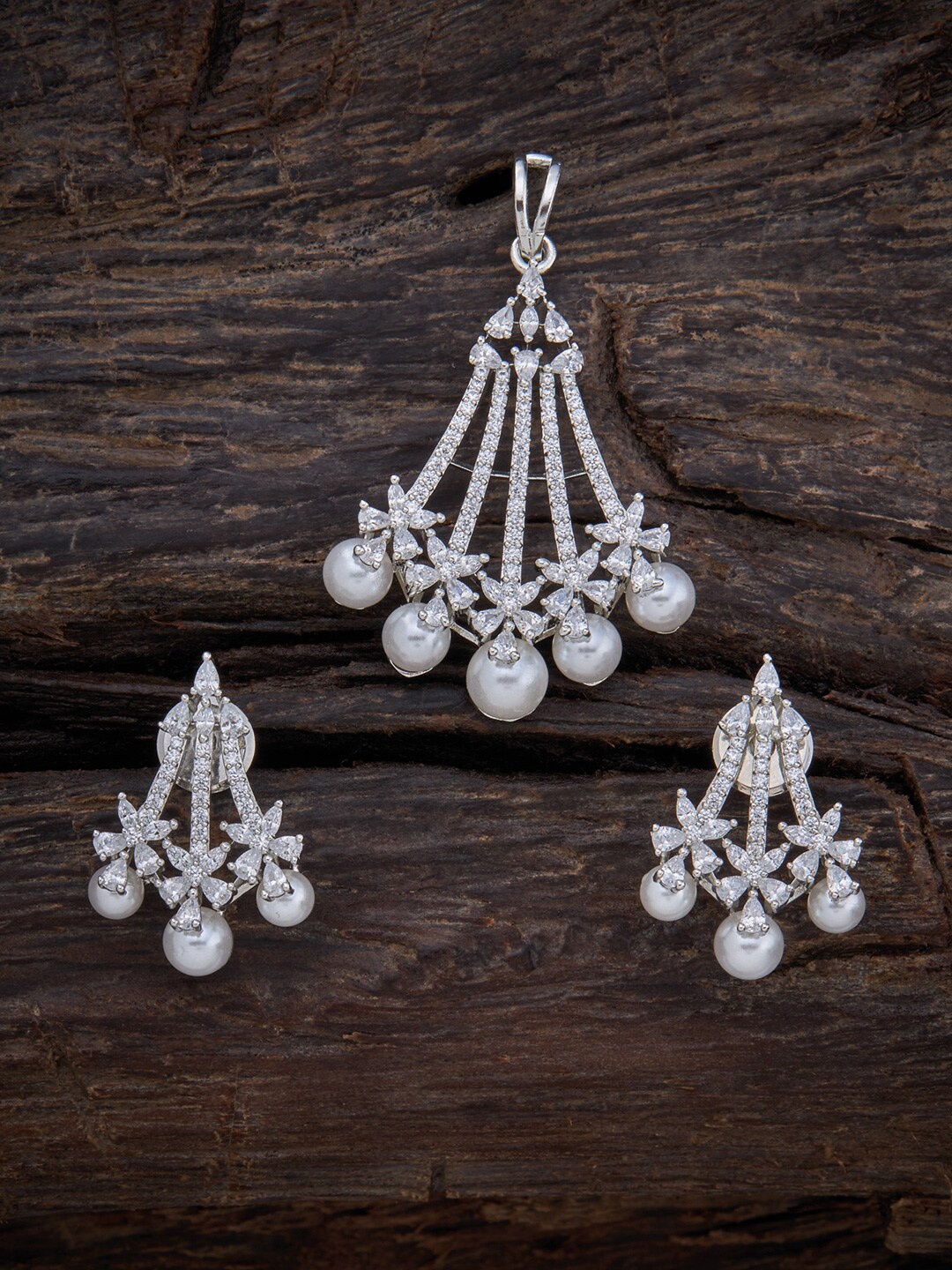 

Kushal's Fashion Jewellery Rhodium Plated Pendant With Earrings, White