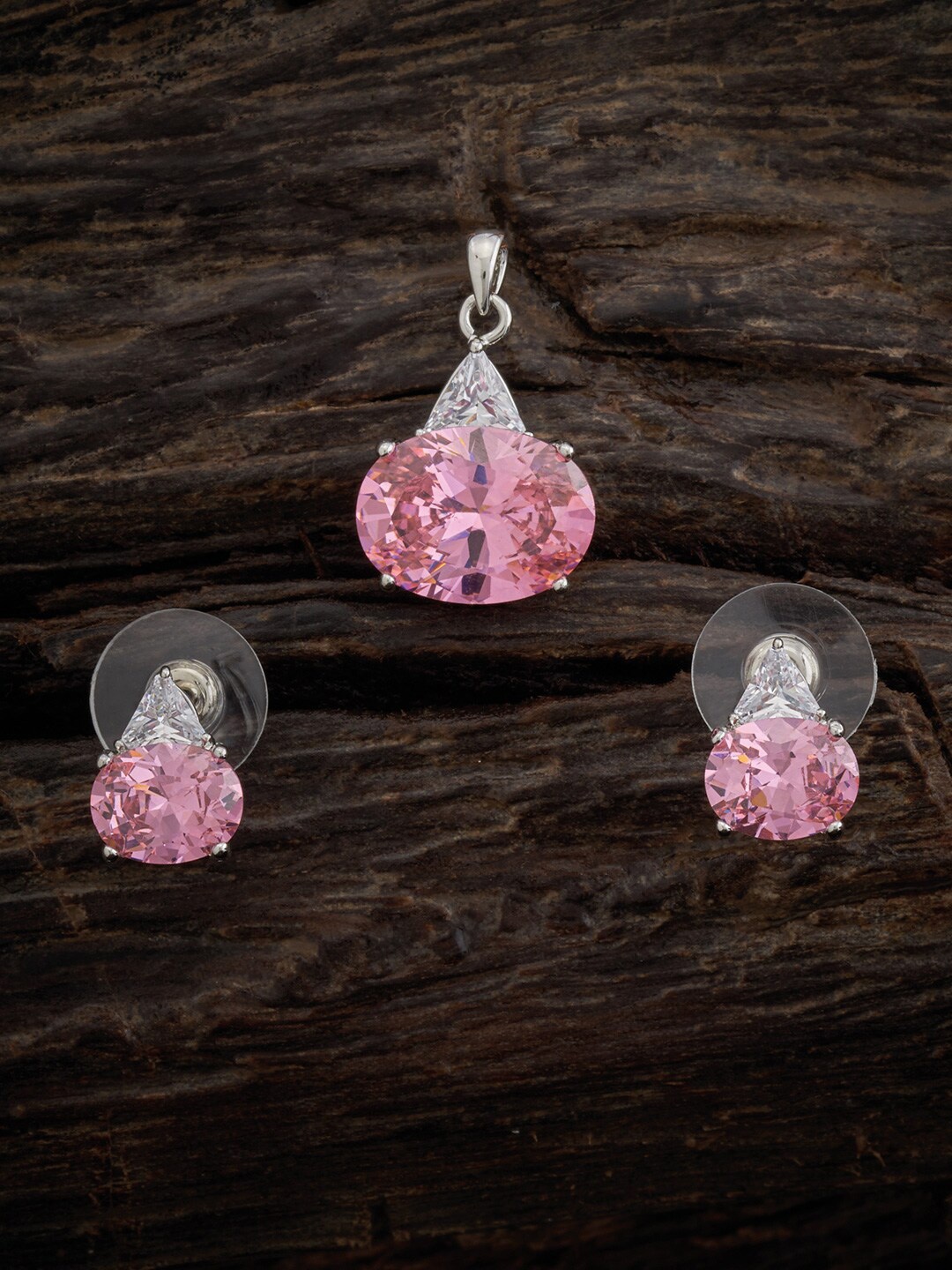 

Kushal's Fashion Jewellery Rhodium Plated CZ Pendant With Earrings, Pink