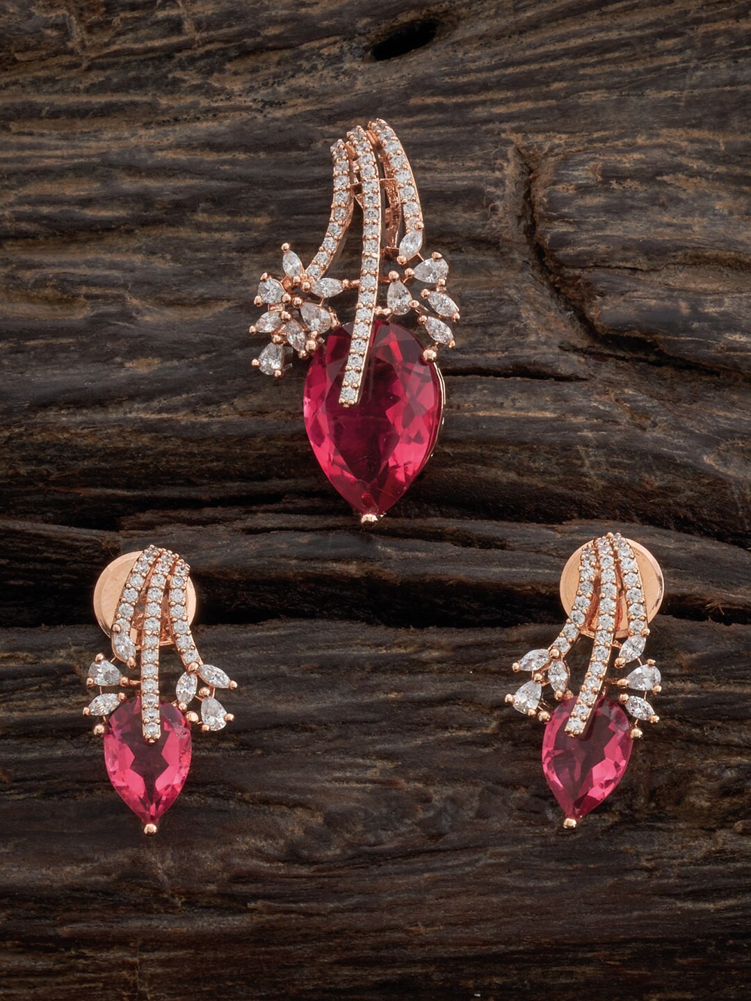 

Kushal's Fashion Jewellery Rose-Gold Plated Pendant With Earrings, Red