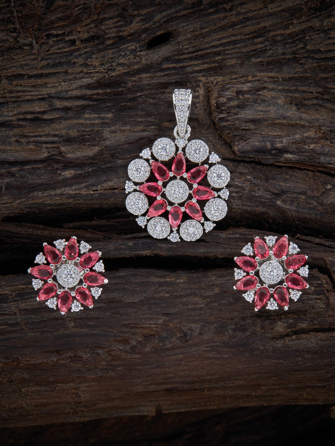 

Kushal's Fashion Jewellery Rhodium Plated Pendant With Earrings, Red