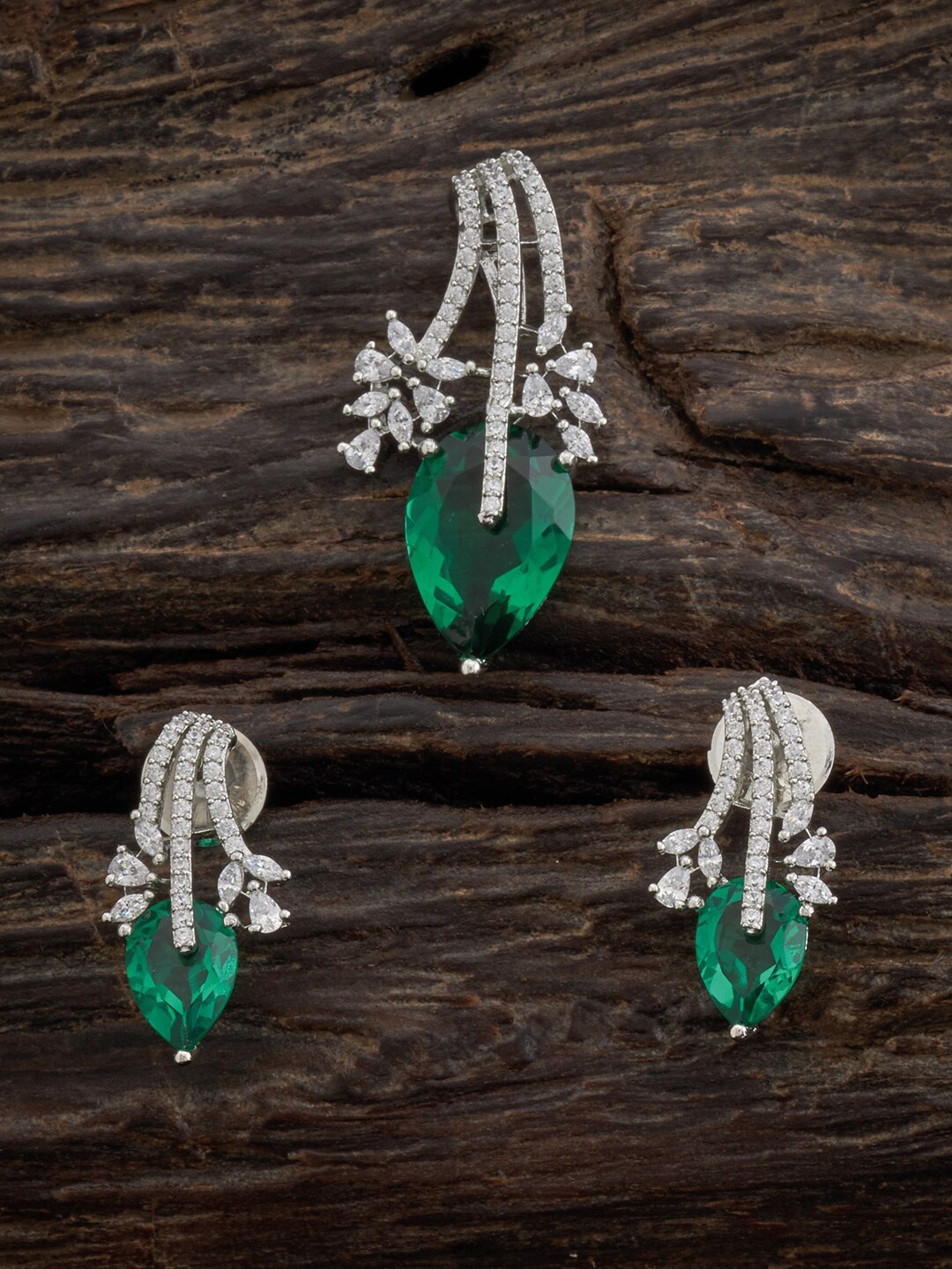 

Kushal's Fashion Jewellery Rhodium Plated Pendant With Earrings, Green