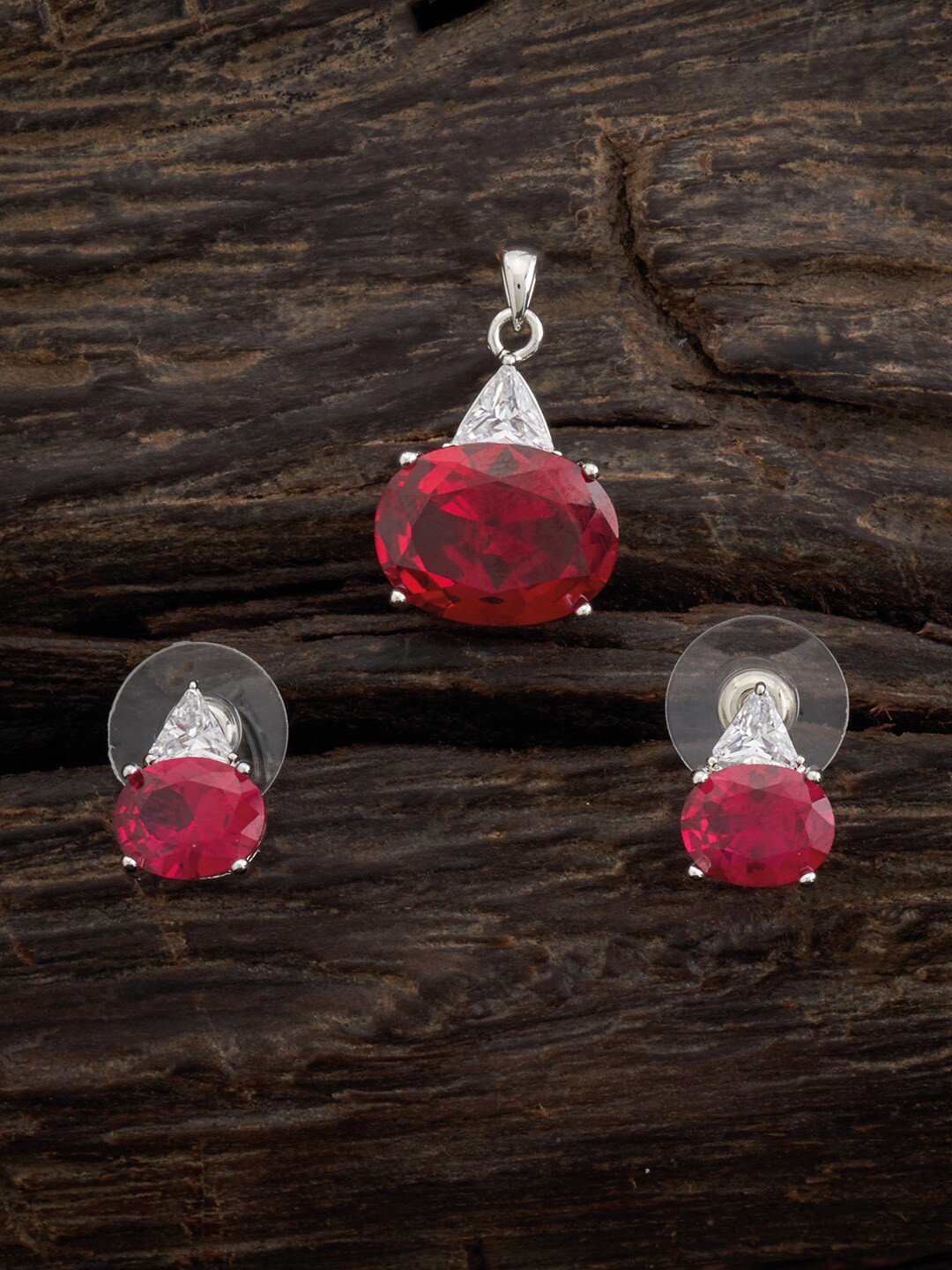 

Kushal's Fashion Jewellery Rhodium Plated CZ Pendant With Earrings, Red