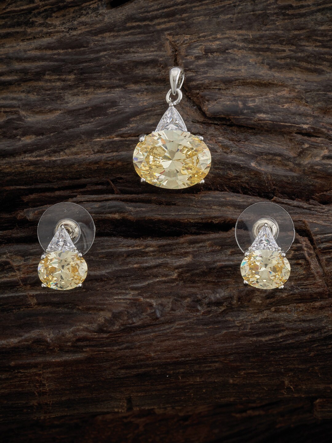 

Kushal's Fashion Jewellery Rhodium Plated CZ Pendant With Earrings, Yellow