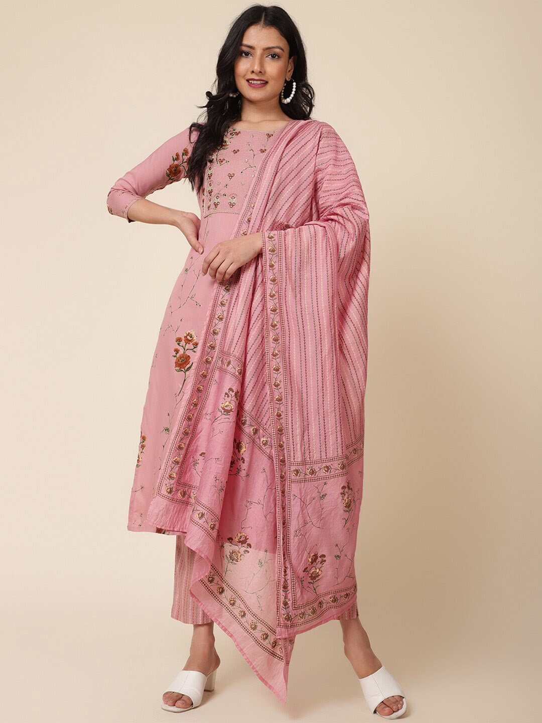 

Bani Women Floral Printed Mirror Work Liva Kurta With Trousers & Dupatta, Pink