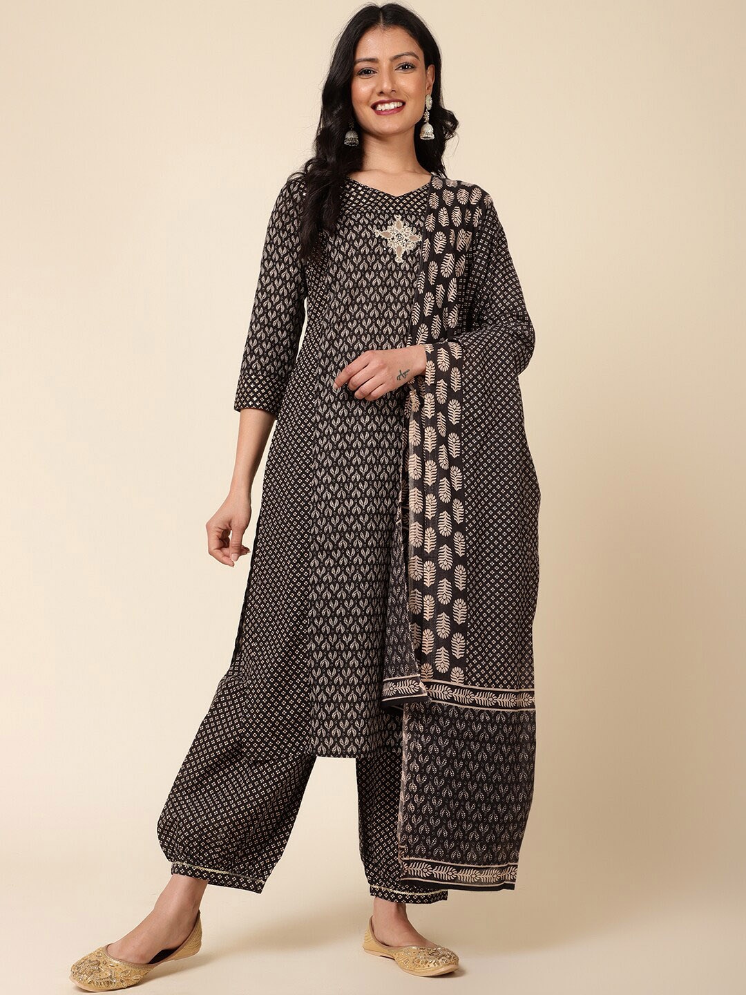 

Bani Women Ethnic Motifs Printed Pure Cotton Kurta With Salwar & Dupatta, Black