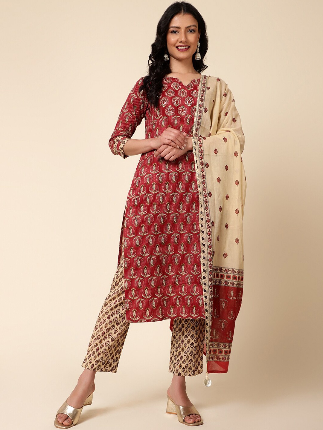 

Bani Women Ethnic Motifs Printed Pure Cotton Kurta with Trousers & With Dupatta, Red