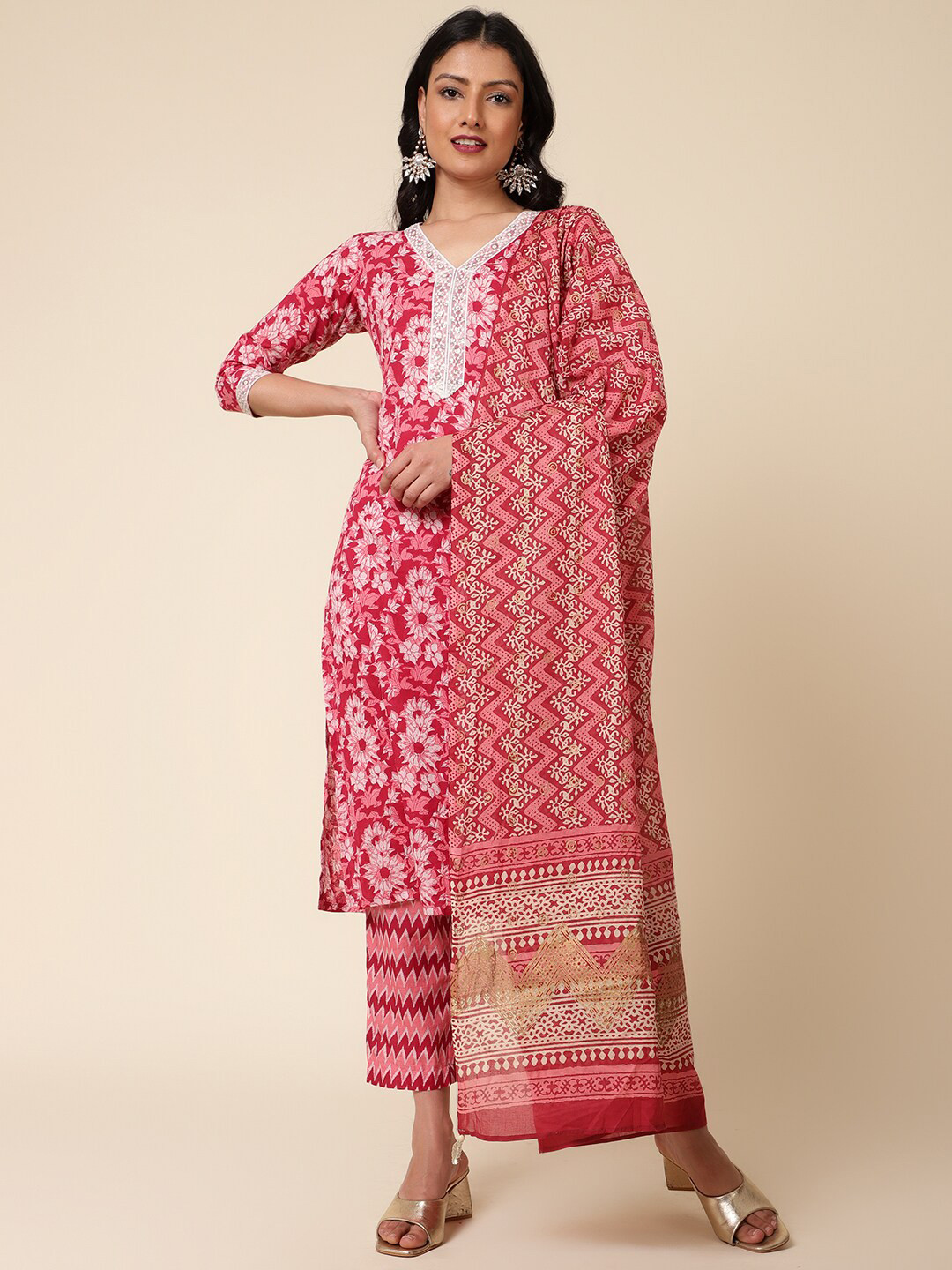 

Bani Women Printed Thread Work Pure Cotton Block Print Kurta With Trousers & Dupatta, Red