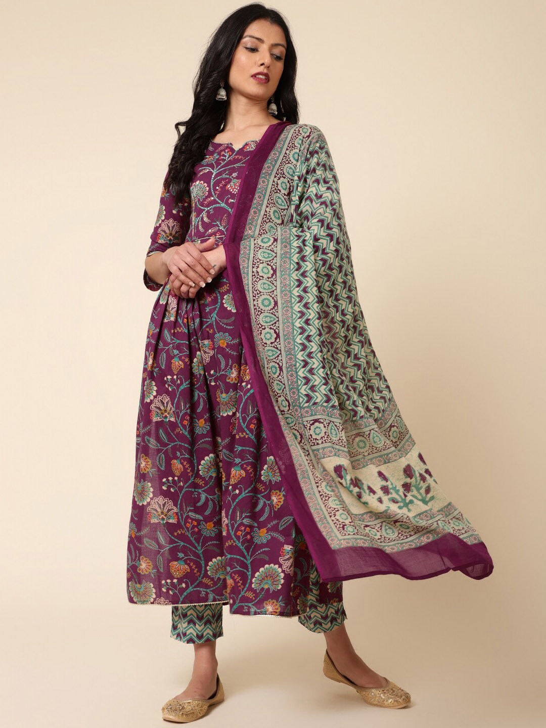 

Bani Women Floral Printed A-Line Pure Cotton Kurta with Trousers & Dupatta, Purple