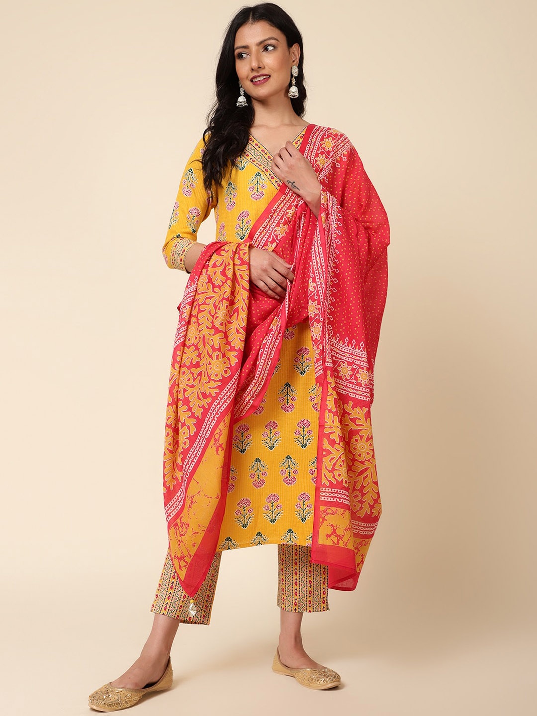 

Bani Women Floral Printed Pure Cotton Kurta with Trousers & With Dupatta, Yellow