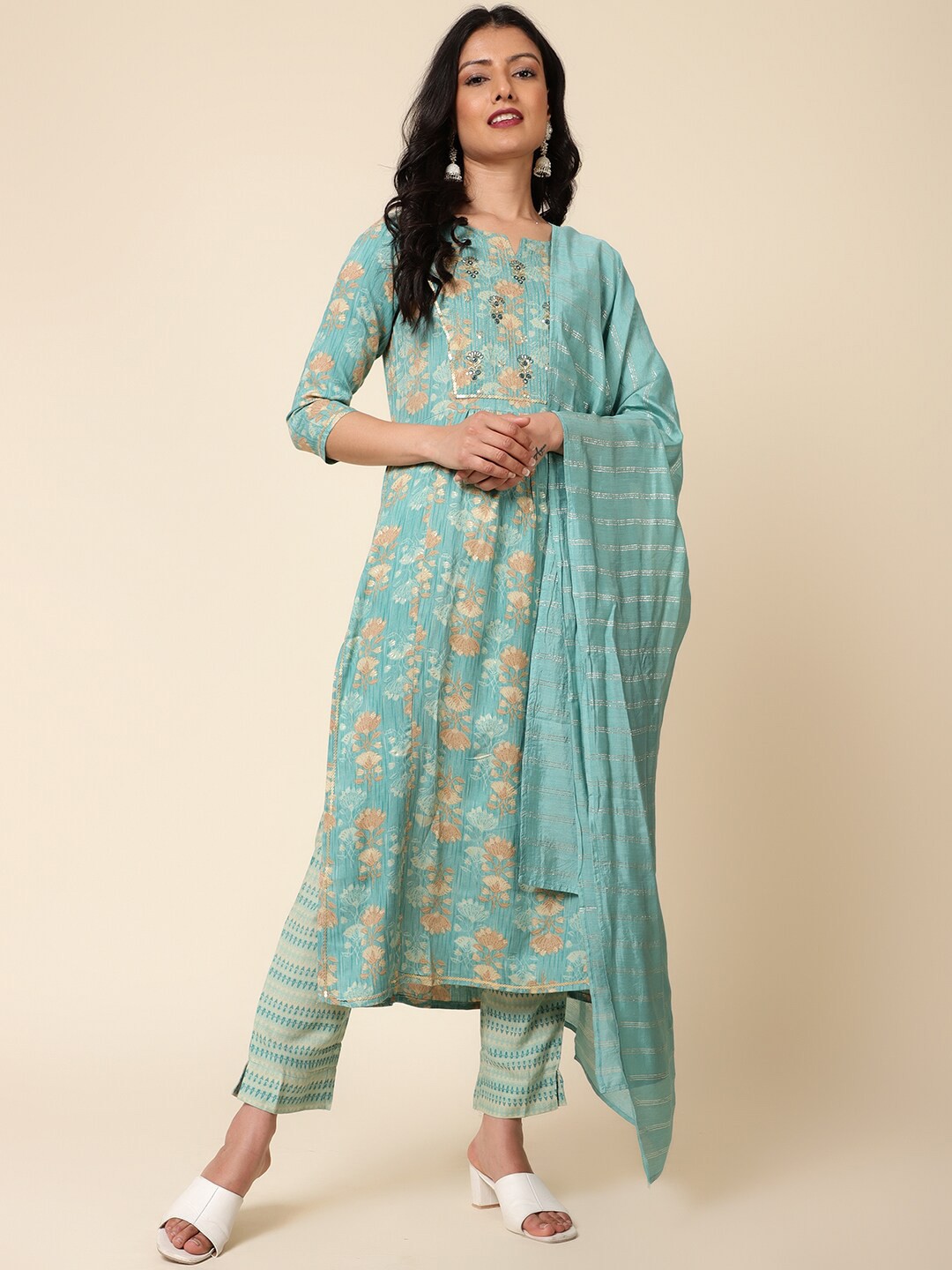 

Bani Women Pleated Floral Printed A-Line Mirror Work Kurta with Trousers & Dupatta, Turquoise blue