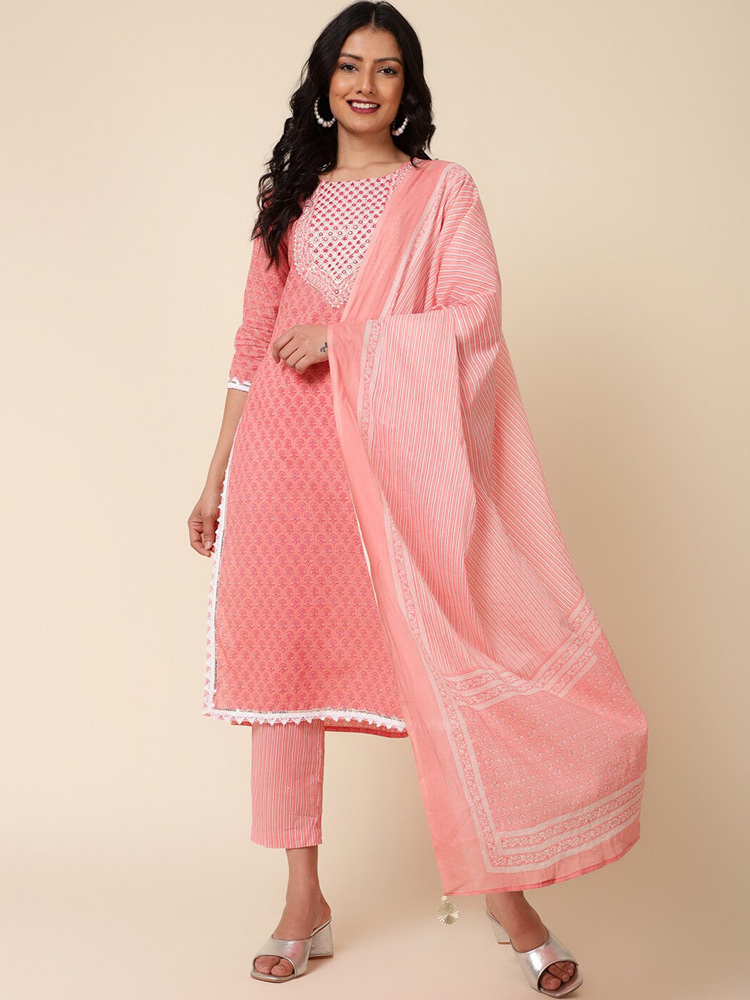 

Bani Women Ethnic Motifs Printed Mirror Work Pure Cotton Kurta With Trousers & Dupatta, Pink