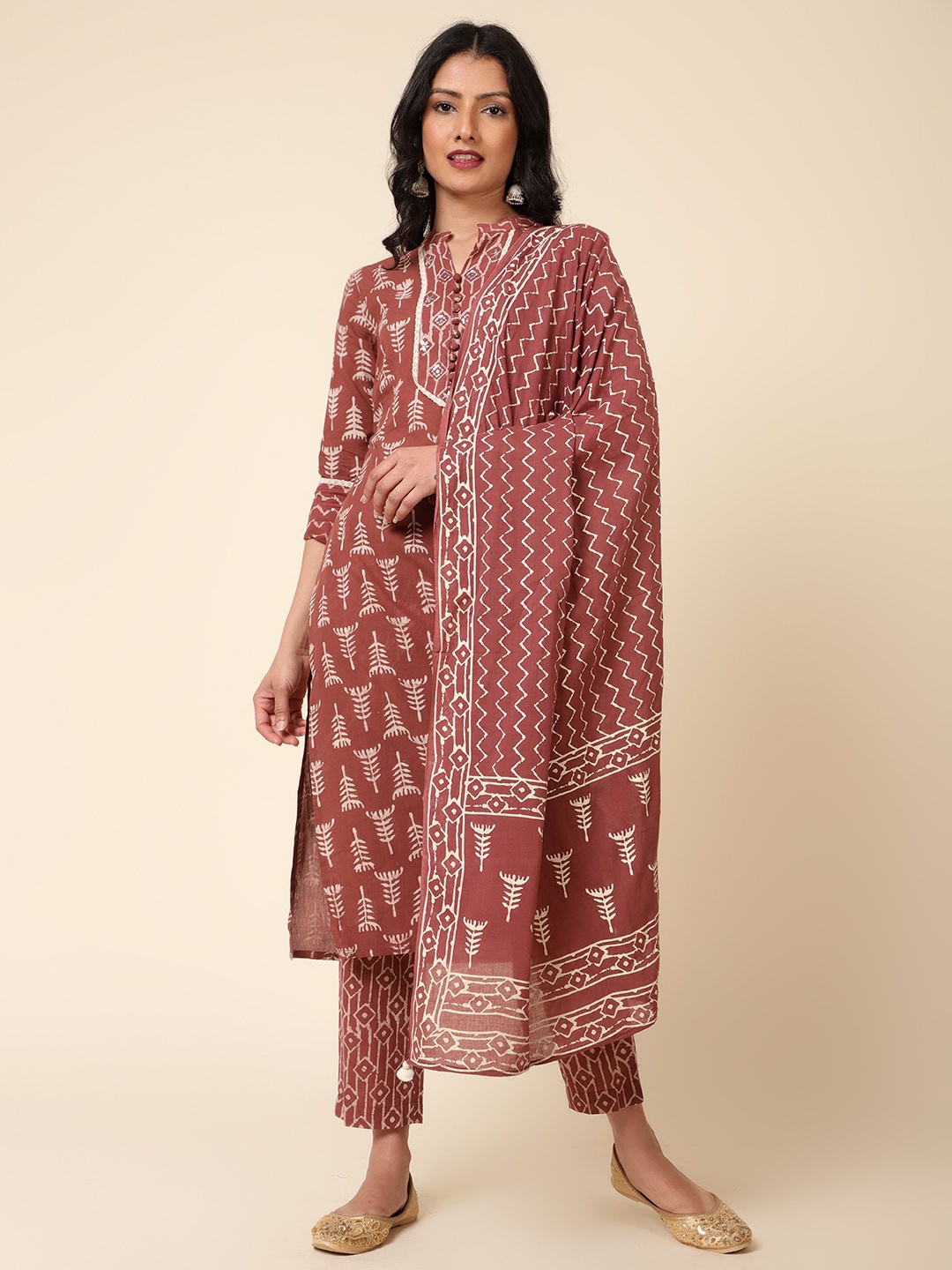 

Bani Women Ethnic Motifs Printed Pure Cotton Kurta With Trousers & Dupatta, Brown