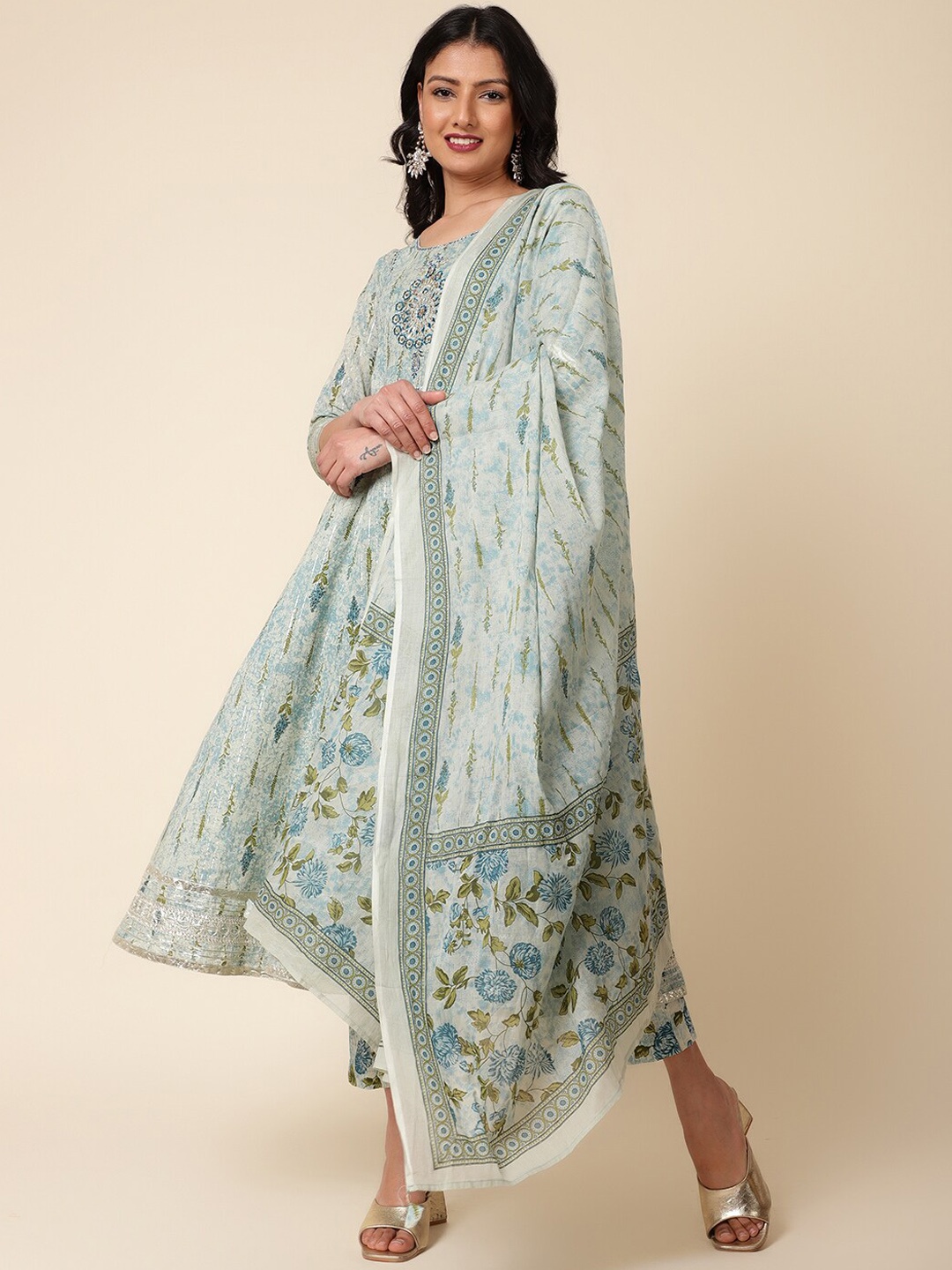 

Bani Women Printed Thread Work Pure Cotton Anarkali Kurta With Trousers & Dupatta, Green