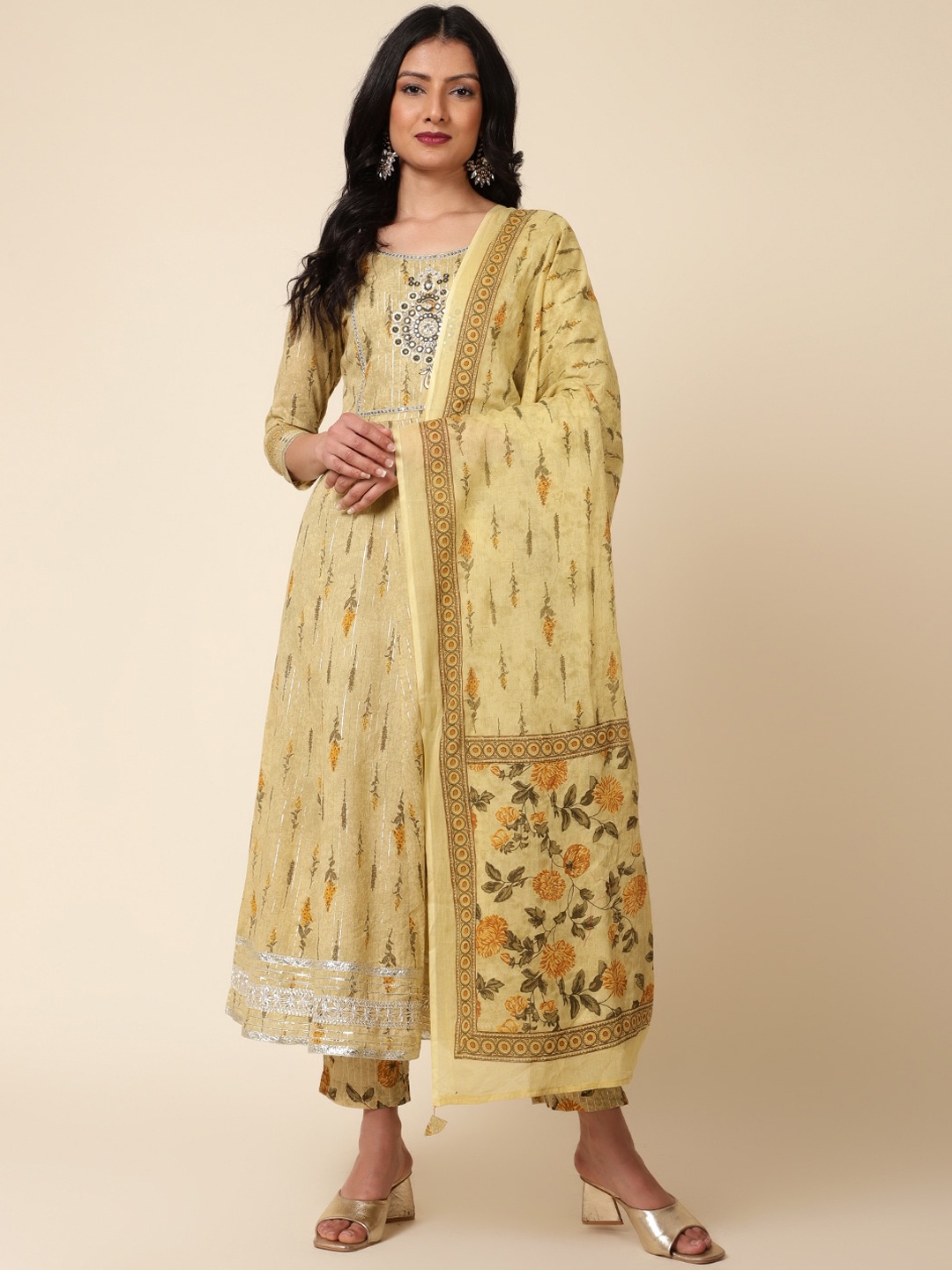 

Bani Women Ethnic Motifs Printed Mirror Work Pure Cotton Kurta With Trousers & Dupatta, Mustard