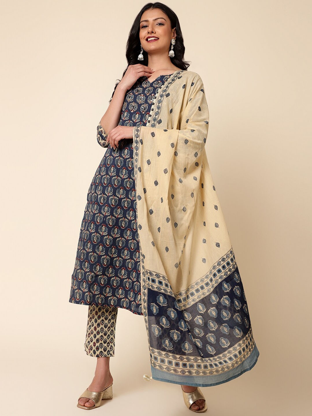 

Bani Women Printed Notch Neck Sequinned Pure Cotton Kurta With Trousers & Dupatta, Navy blue