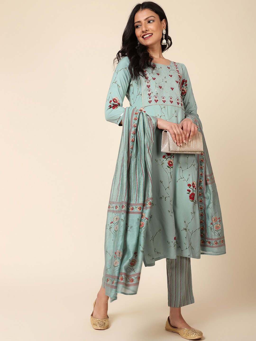 

Bani Women Floral Printed Thread Work Kurta with Trousers & Dupatta, Sea green