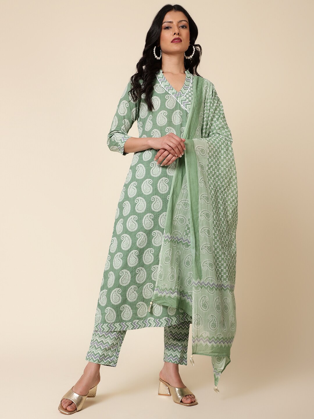 

Bani Women Paisley Printed Pure Cotton Kurta With Trousers & Dupatta, Green