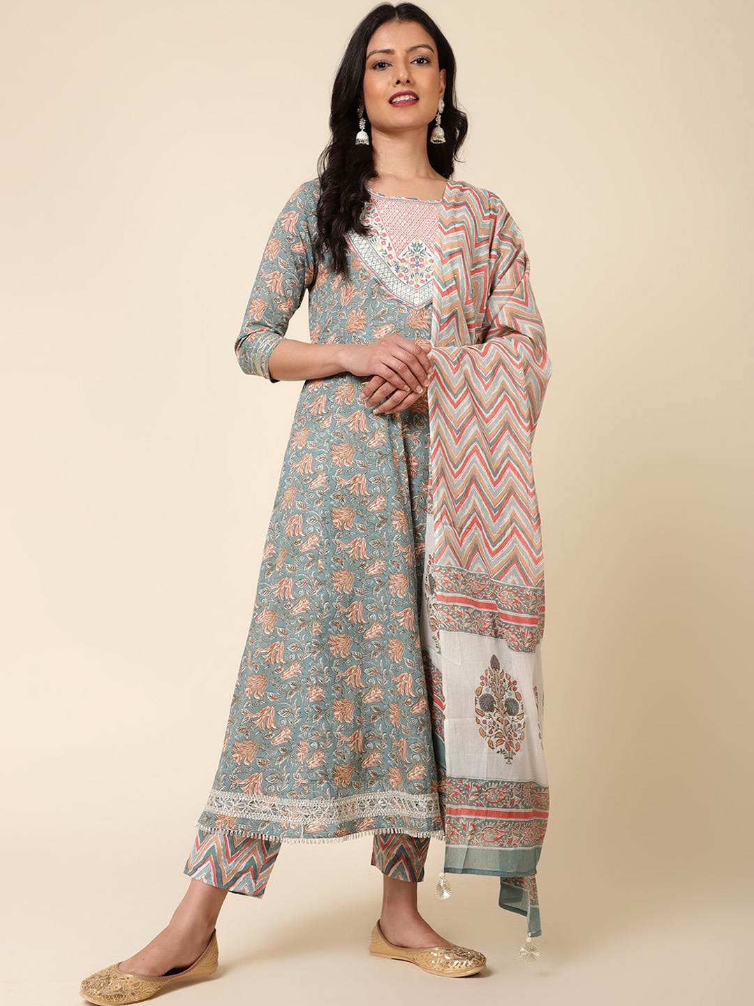 

Bani Women Floral Printed Thread Work Pure Cotton Anarkali Kurta With Trousers & Dupatta, Grey