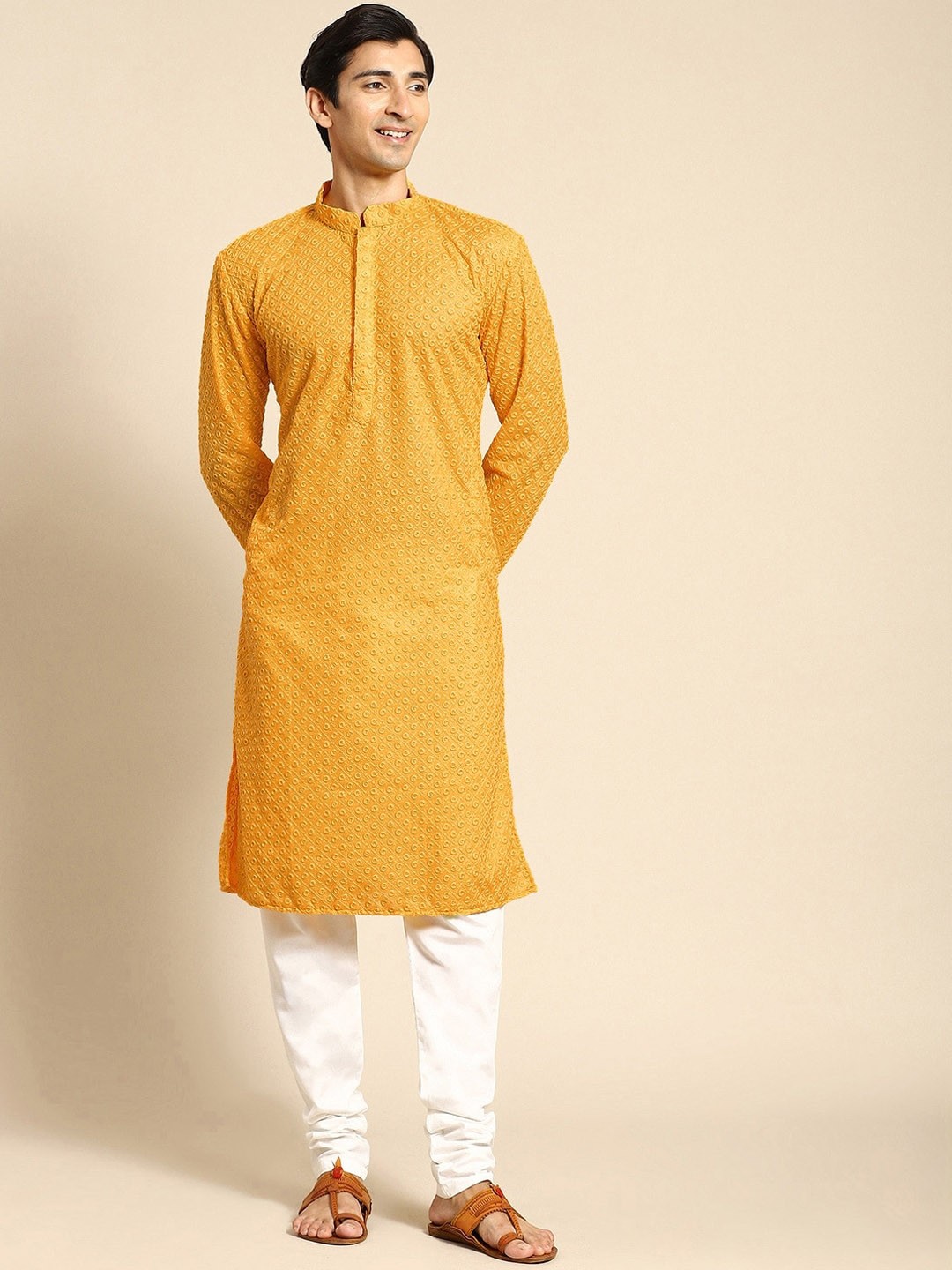 

RAJUBHAI HARGOVINDAS Ethnic Motifs Embroidered Thread Work Pure Cotton Chikankari Kurta, Yellow