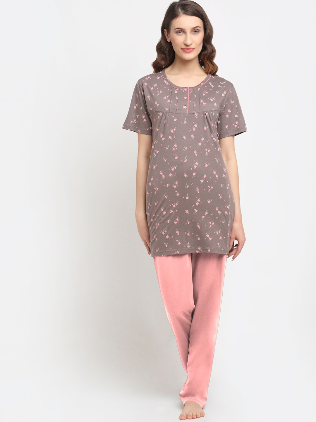 

Kanvin Floral Printed Night Suit, Camel brown