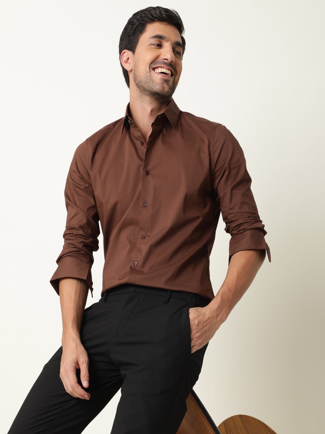 

RARE RABBIT Men Benedict Spread Collar Cotton Slim Fit Shirt, Brown
