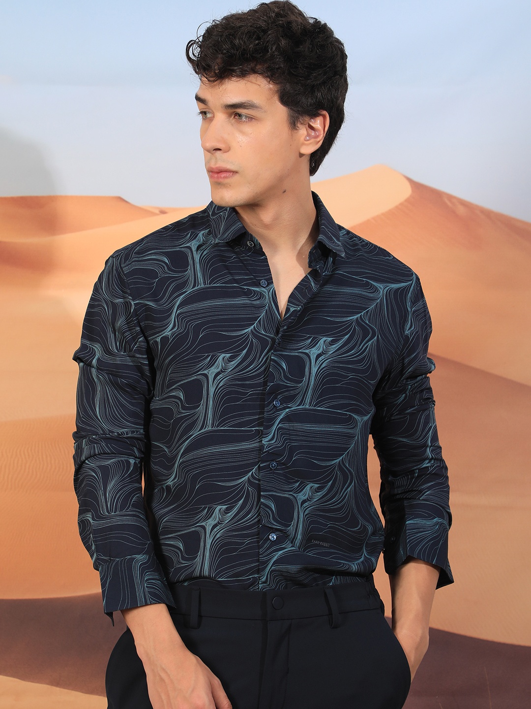 

RARE RABBIT Men Gravel Abstract Printed Slim Fit Shirt, Navy blue