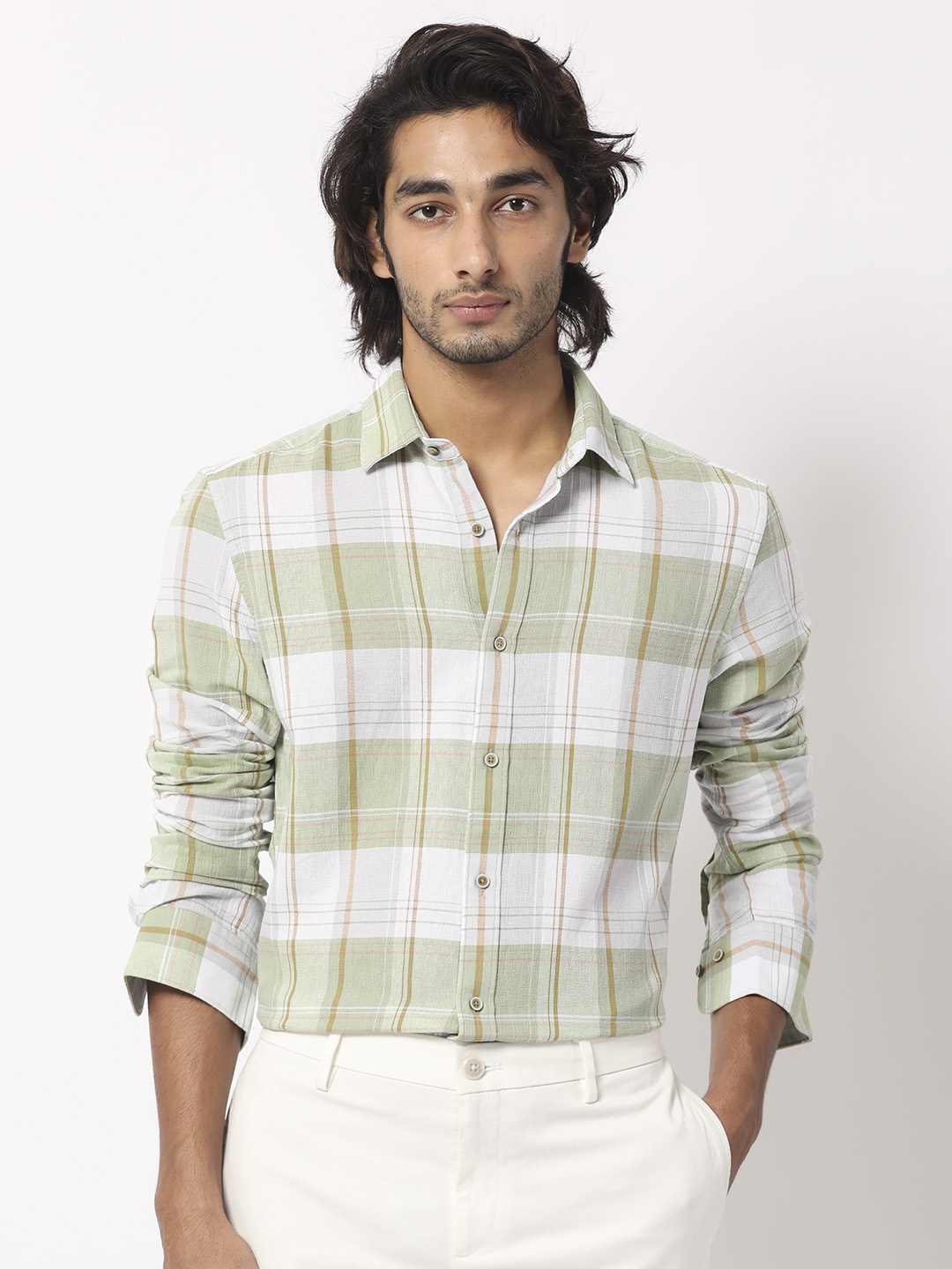 

RARE RABBIT Men Riga Cotton Slim Fit Checked Shirt, Green