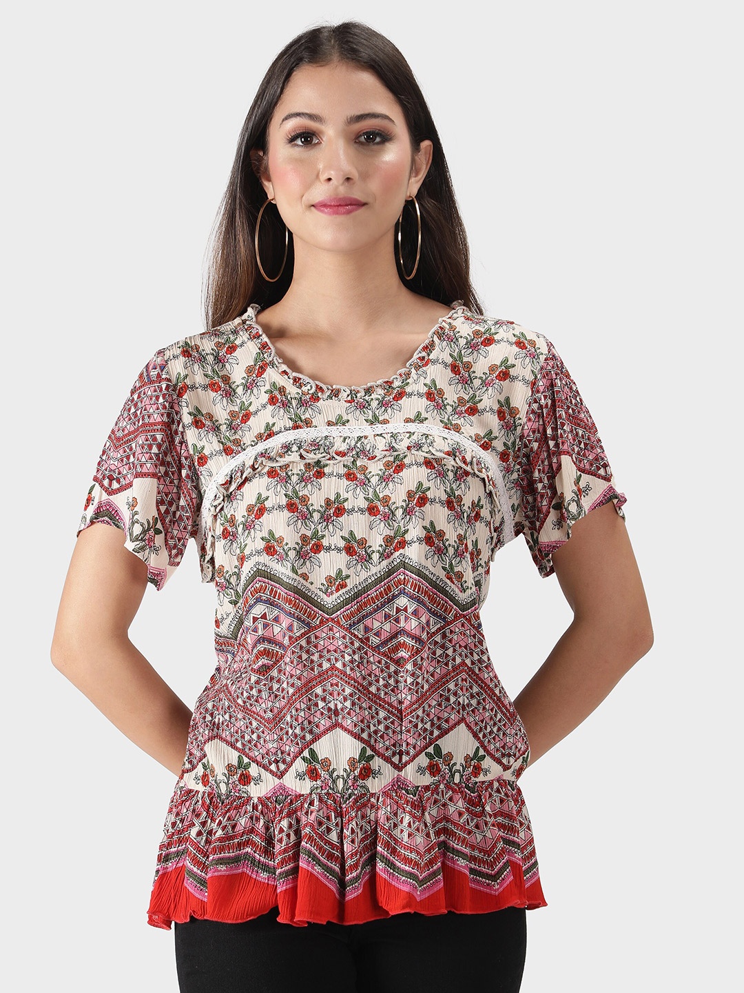 DEBONATELLA Floral Printed Round Neck Regular Top, Beige