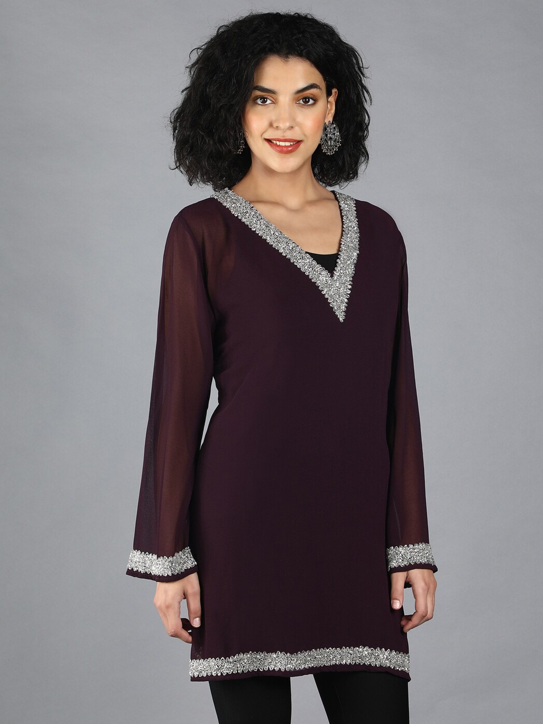 

DEBONATELLA Embellished V-Neck Long Sleeves Georgette Longline Top, Purple