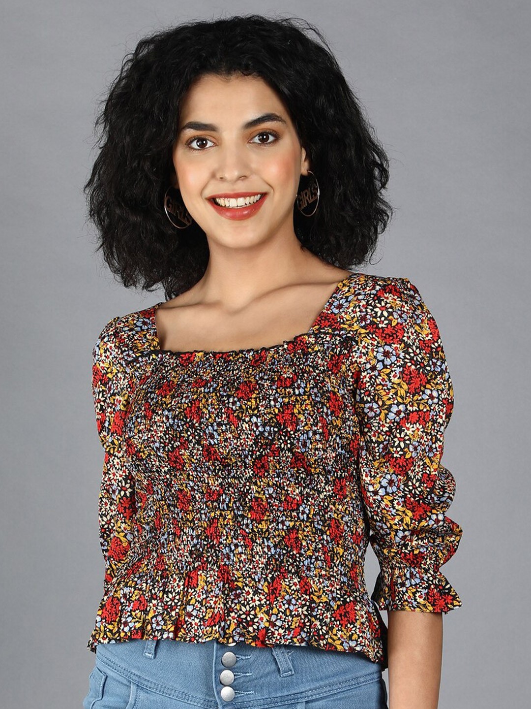 

DEBONATELLA Floral Printed Smocked Bardot Top, Black