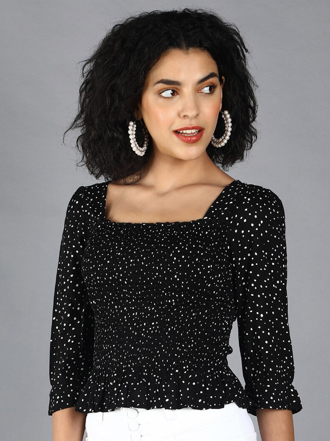 

DEBONATELLA Printed Puff Sleeves Smocked Bardot Top, Black