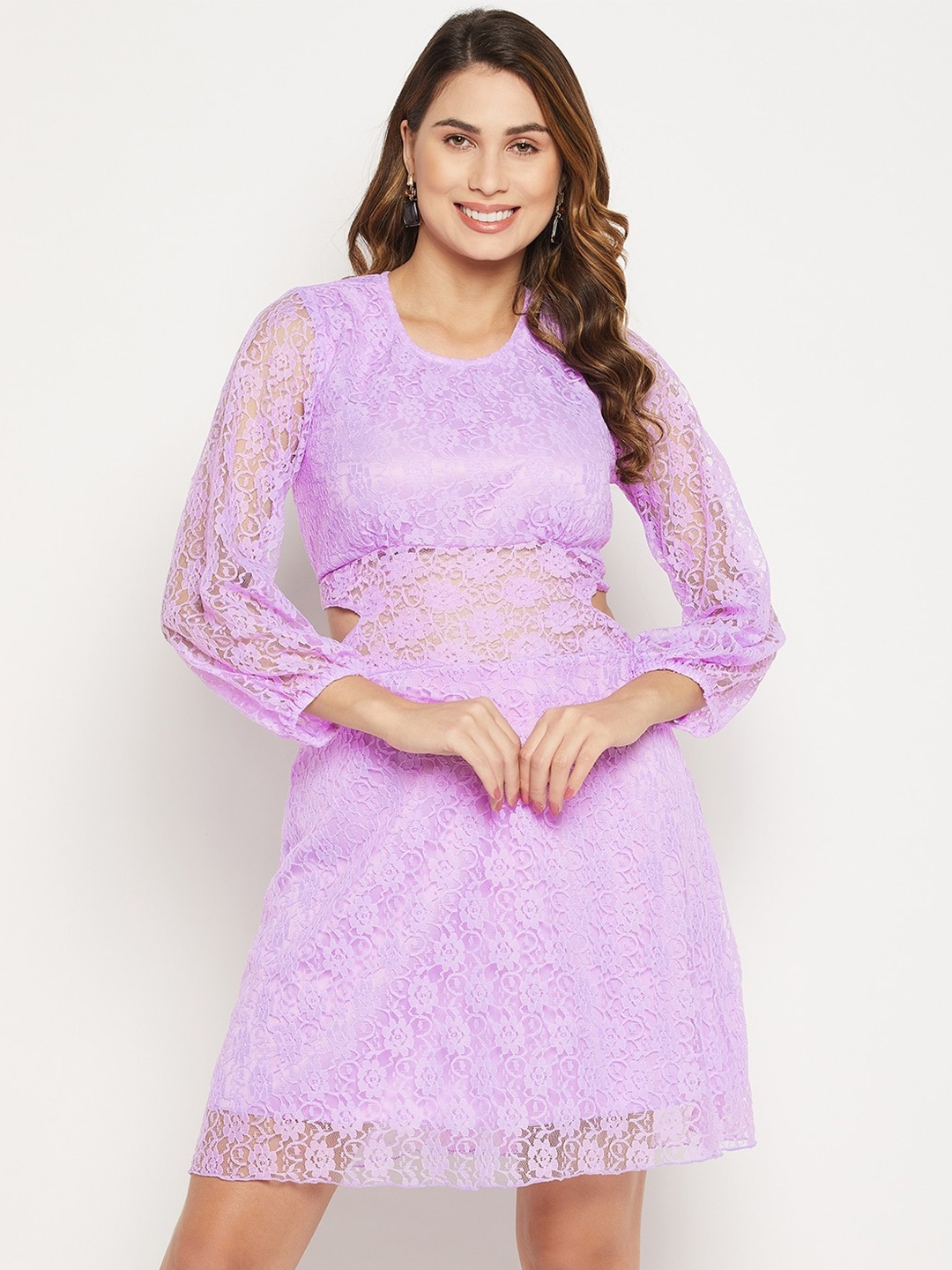 

Bitterlime Self Design Lace Bodycon Dress, Mauve