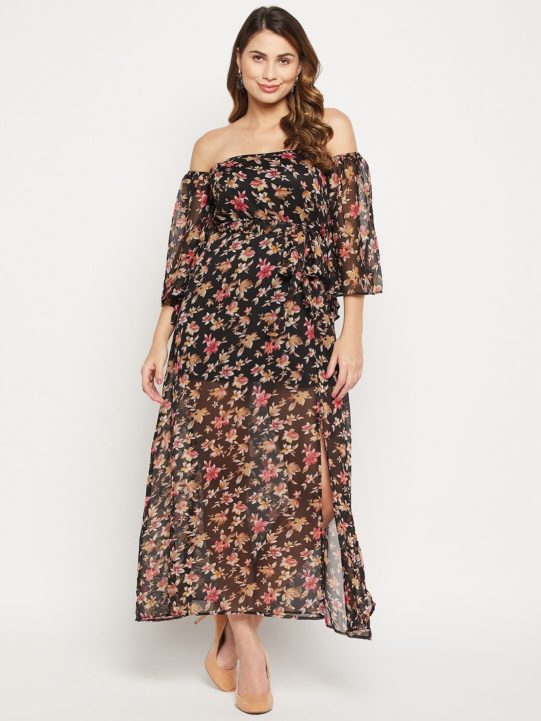 

Bitterlime Floral Off-Shoulder Georgette Maxi Dress, Black